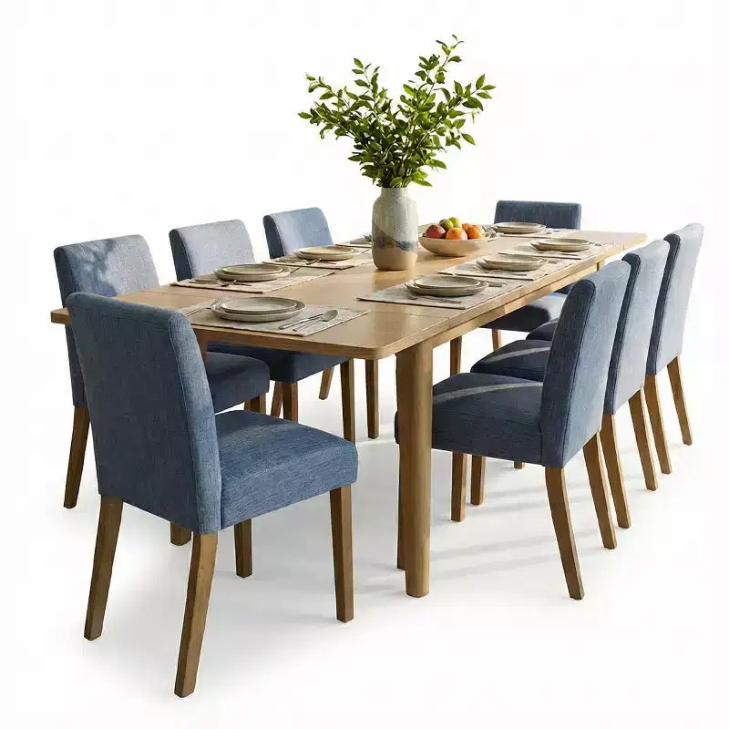 Expandable Dining Table Set for 8, Rectangular Table with Removable Leaves and Armless Linen Chairs, Featuring Solid Wood Legs-Panipeachy