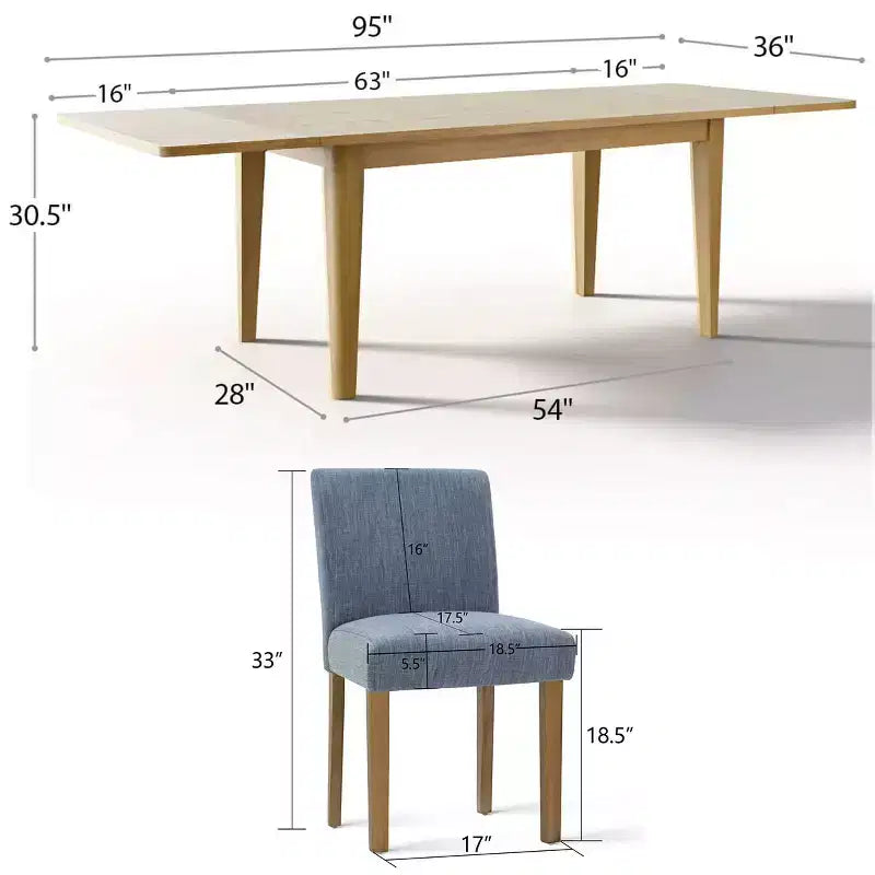 Expandable Dining Table Set for 8, Rectangular Table with Removable Leaves and Armless Linen Chairs, Featuring Solid Wood Legs-Panipeachy