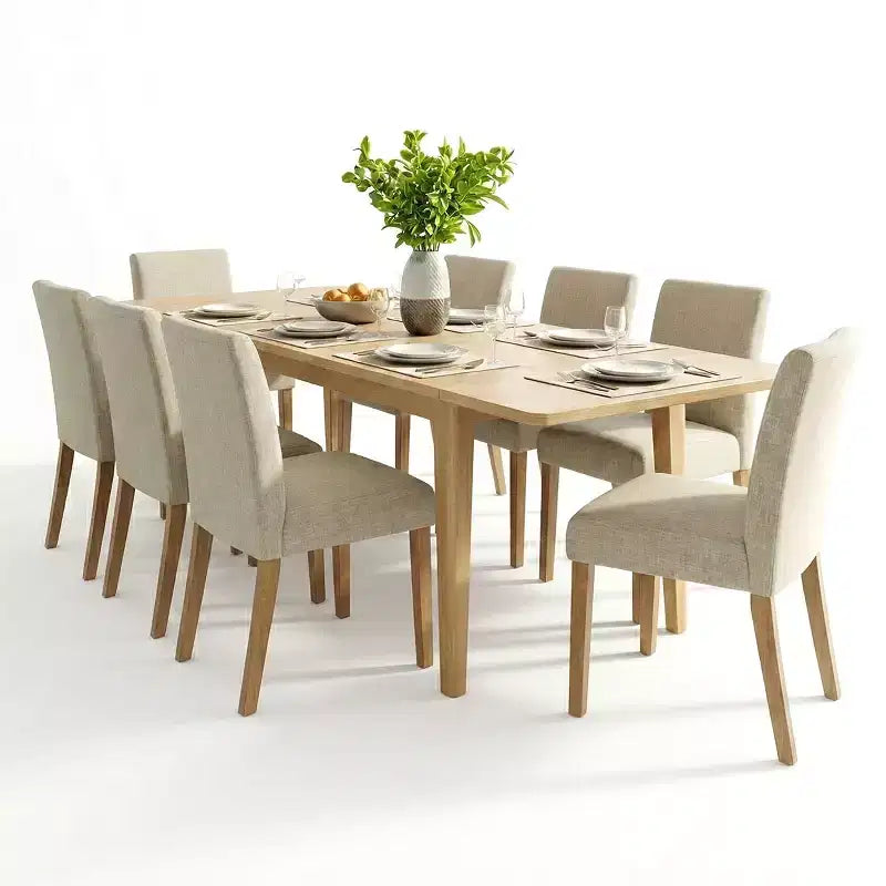 Expandable Dining Table Set for 8, Rectangular Table with Removable Leaves and Armless Linen Chairs, Featuring Solid Wood Legs-Panipeachy