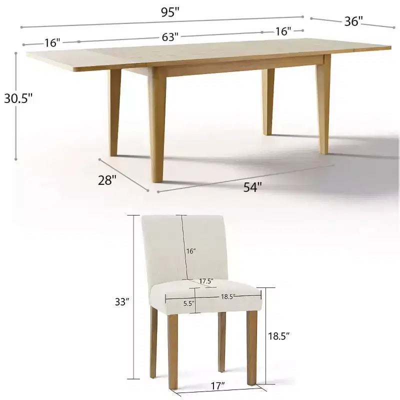 Expandable Dining Table Set for 8, Rectangular Table with Removable Leaves and Armless Linen Chairs, Featuring Solid Wood Legs-Panipeachy