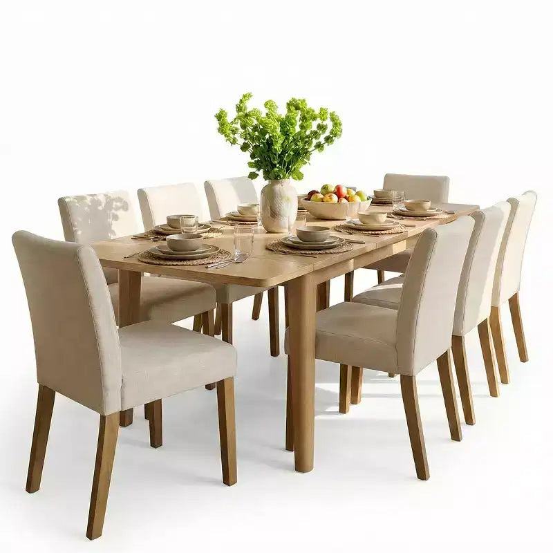 Expandable Dining Table Set for 8, Rectangular Table with Removable Leaves and Armless Linen Chairs, Featuring Solid Wood Legs-Panipeachy