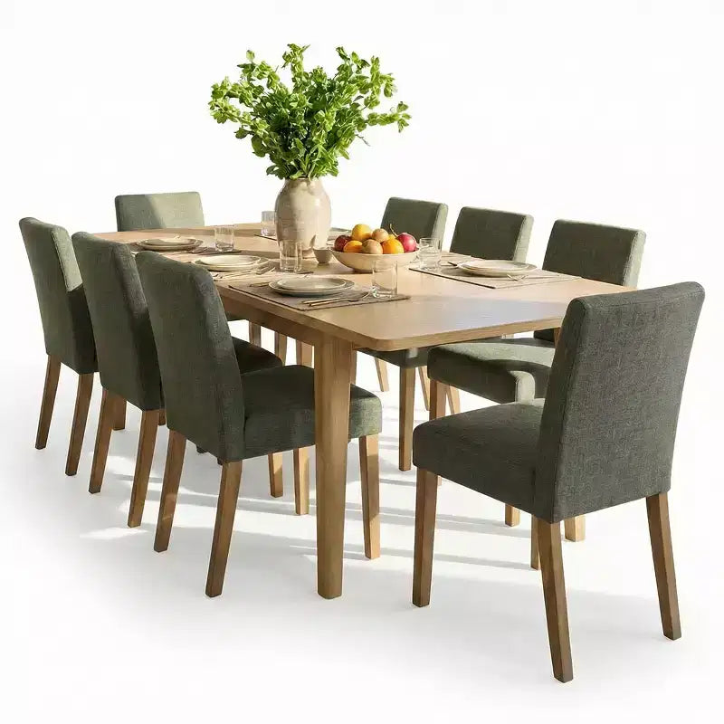 Expandable Dining Table Set for 8, Rectangular Table with Removable Leaves and Armless Linen Chairs, Featuring Solid Wood Legs-Panipeachy