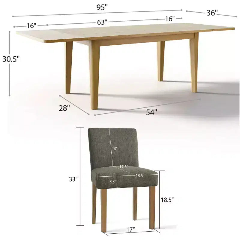 Expandable Dining Table Set for 8, Rectangular Table with Removable Leaves and Armless Linen Chairs, Featuring Solid Wood Legs-Panipeachy