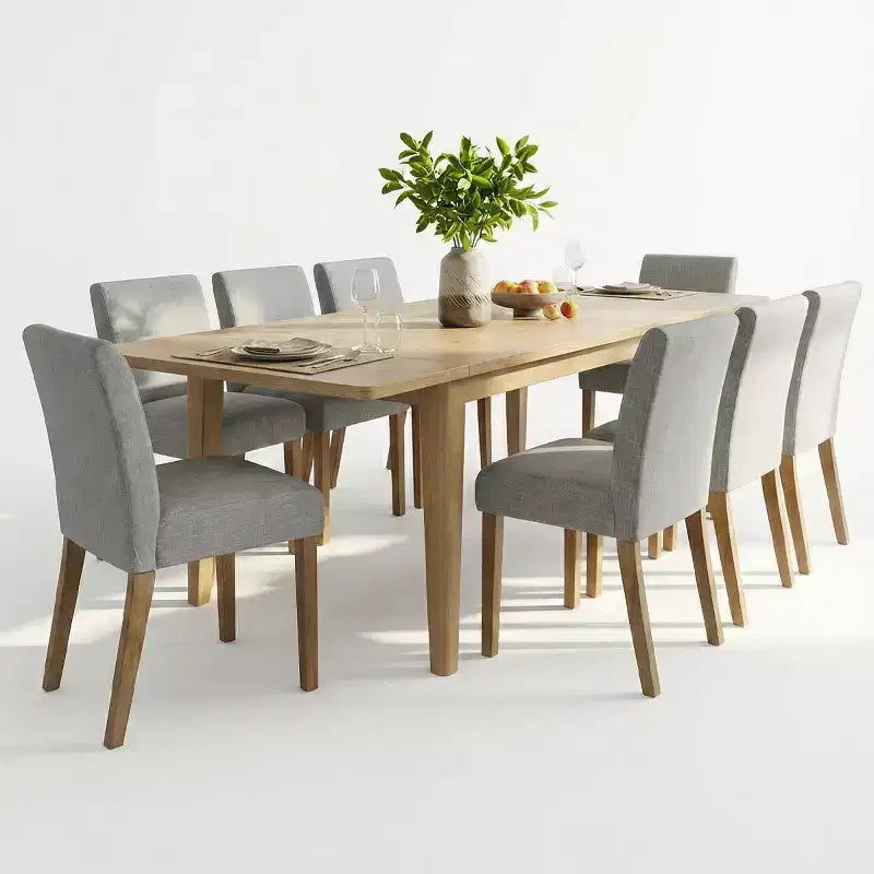 Expandable Dining Table Set for 8, Rectangular Table with Removable Leaves and Armless Linen Chairs, Featuring Solid Wood Legs-Panipeachy