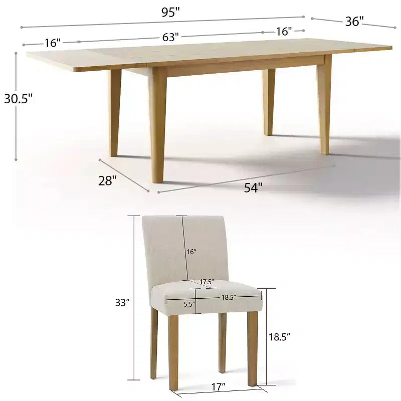 Expandable Dining Table Set for 8, Rectangular Table with Removable Leaves and Armless Linen Chairs, Featuring Solid Wood Legs-Panipeachy
