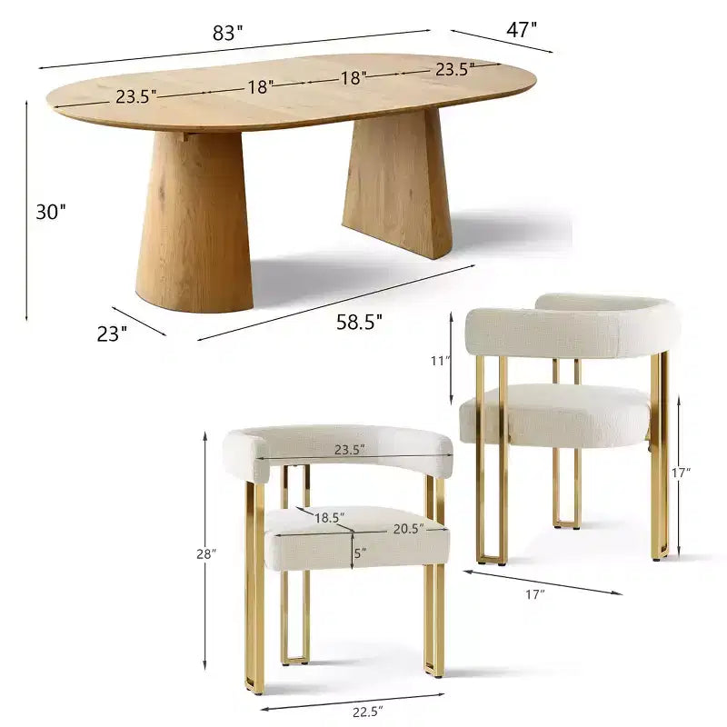 47-83 Extendable Dining Table Set for 6, Natural Wood-Tone Table and 6 Upholstered Chenille Dining Chairs with Metal Legs-Panipeachy