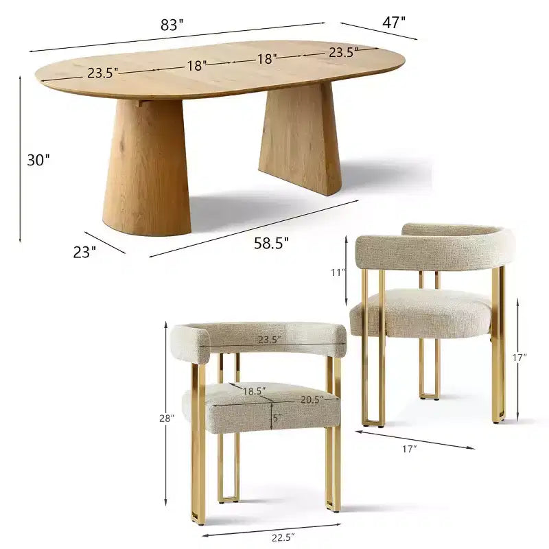 47-83 Extendable Dining Table Set for 6, Natural Wood-Tone Table and 6 Upholstered Chenille Dining Chairs with Metal Legs-Panipeachy