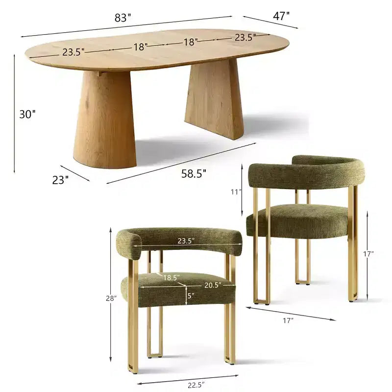 47-83 Extendable Dining Table Set for 6, Natural Wood-Tone Table and 6 Upholstered Chenille Dining Chairs with Metal Legs-Panipeachy