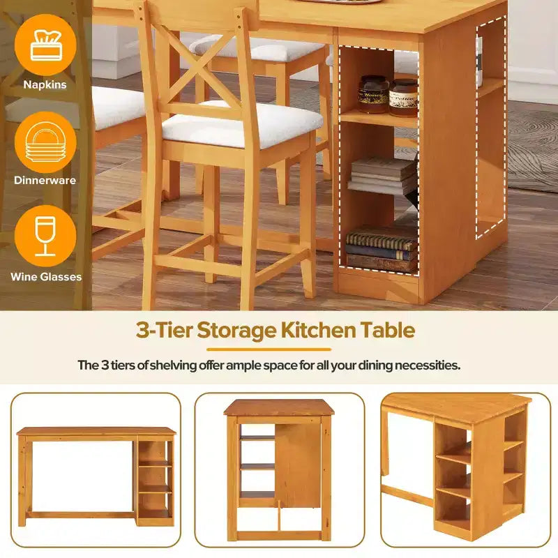 FurnitureR Solid Wood Dining Table Set for 4 with Storage Shelves, Rectangular Kitchen Table and 4 Chairs for Dining Room, Breakfast Nook Apartment