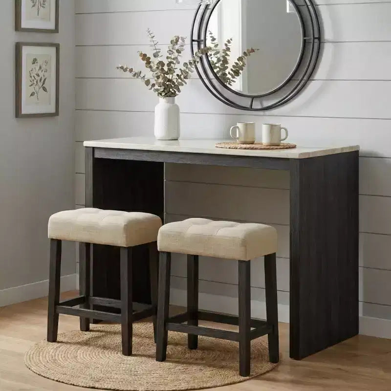 GDFStudio Hudson Transitional Travertine Top Wood 3-Piece Dining Set with Biscuit-Tufted Upholstered Stools