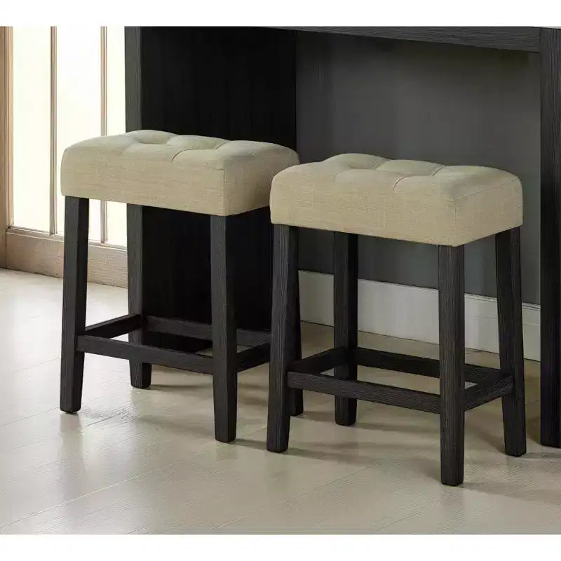 GDFStudio Hudson Transitional Travertine Top Wood 3-Piece Dining Set with Biscuit-Tufted Upholstered Stools