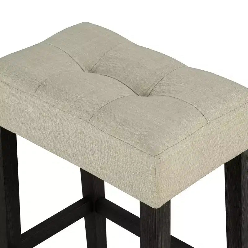 GDFStudio Hudson Transitional Travertine Top Wood 3-Piece Dining Set with Biscuit-Tufted Upholstered Stools