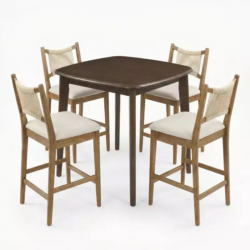 Christopher Knight Home La Modern 5 Piece Rubber Wood Upholstered Counter Set with Square Table and Rope Design
