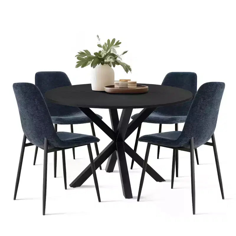 5-Piece Round Dining Table Set with 4 Upholstered Chairs, Black Pedestal Kitchen Table for Small Spaces-Panipeachy