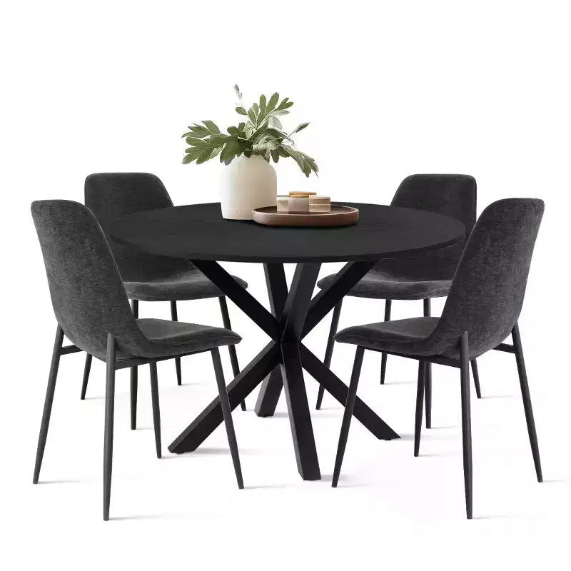 5-Piece Round Dining Table Set with 4 Upholstered Chairs, Black Pedestal Kitchen Table for Small Spaces-Panipeachy