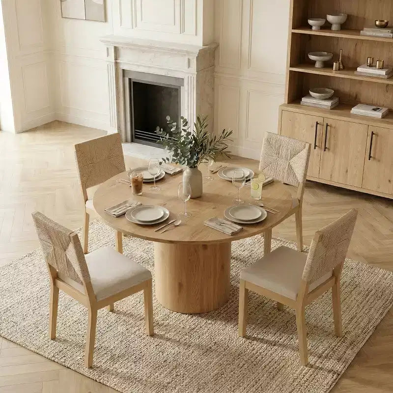 5-Piece Round Dining Table Set for 4, Pedestal Dining Table with Woven Back Solid Wood Chairs, Modern Kitchen & Dining Room Furniture-Panipeachy