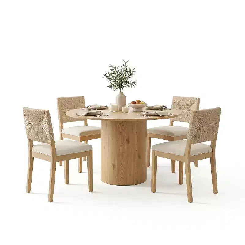 5-Piece Round Dining Table Set for 4, Pedestal Dining Table with Woven Back Solid Wood Chairs, Modern Kitchen & Dining Room Furniture-Panipeachy