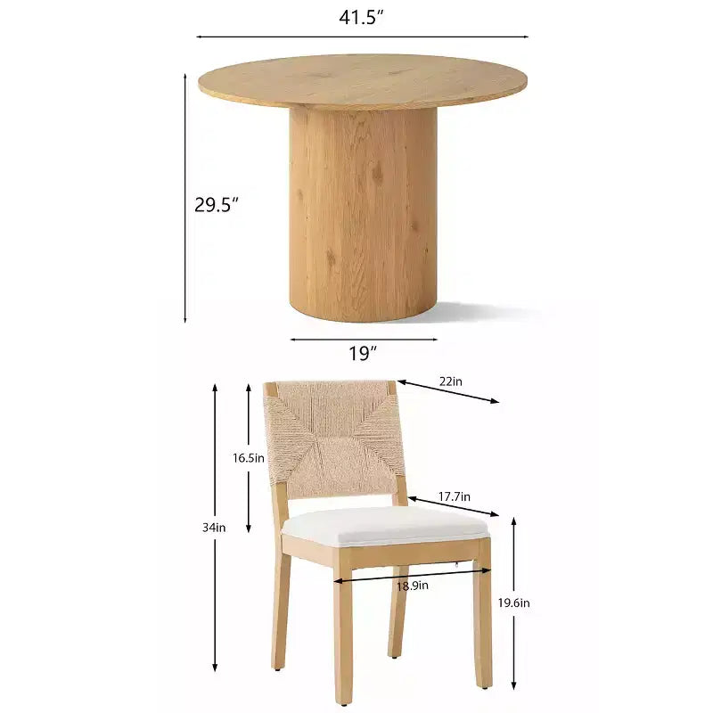 5-Piece Round Dining Table Set for 4, Pedestal Dining Table with Woven Back Solid Wood Chairs, Modern Kitchen & Dining Room Furniture-Panipeachy