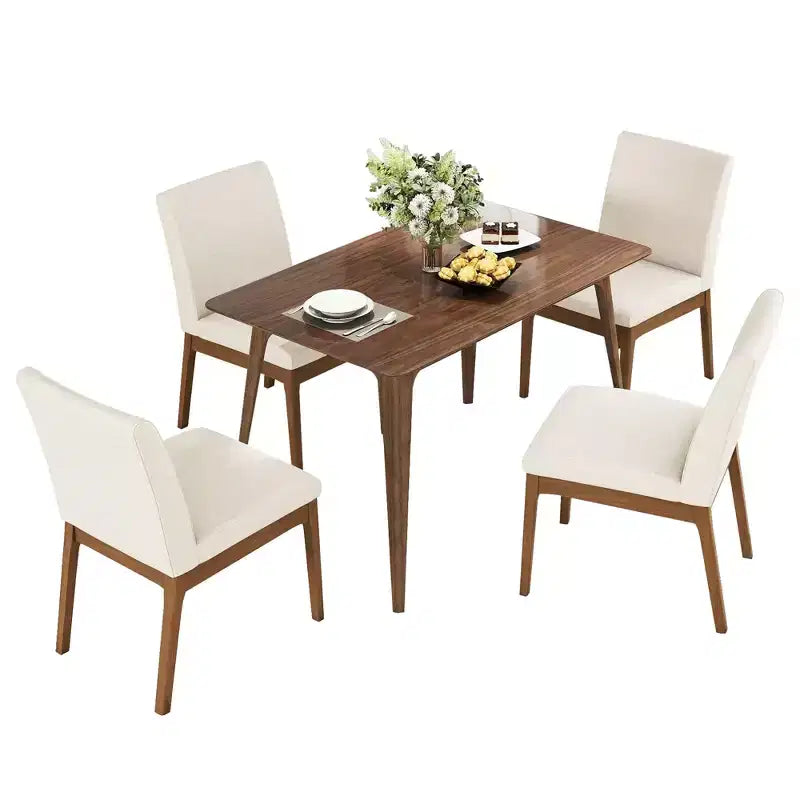 Modern Wood Dining Set for 4, 5 Pieces RectangularTable Set with 4 Upholstered Chairs for Dining Room Kitchen, Light beige,Walnut