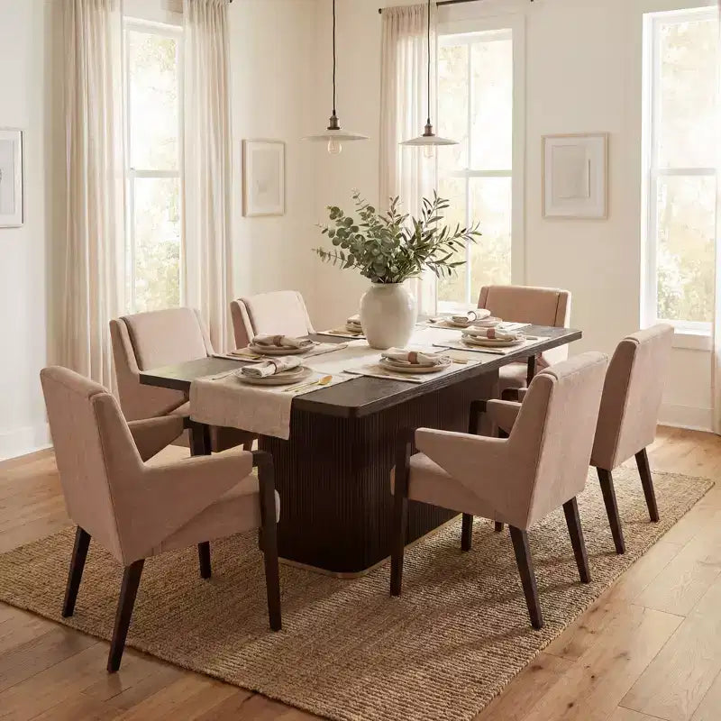 Christopher Knight Home Lindiwe Modern 7 Piece Rubberwood Linen Upholstered Dining Set with Rectangular Table