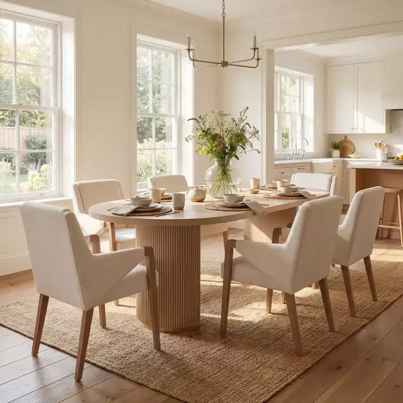 Christopher Knight Home Anand Modern 7 Piece Rubberwood Linen Upholstered Dining Set with Oval Pedestal Table