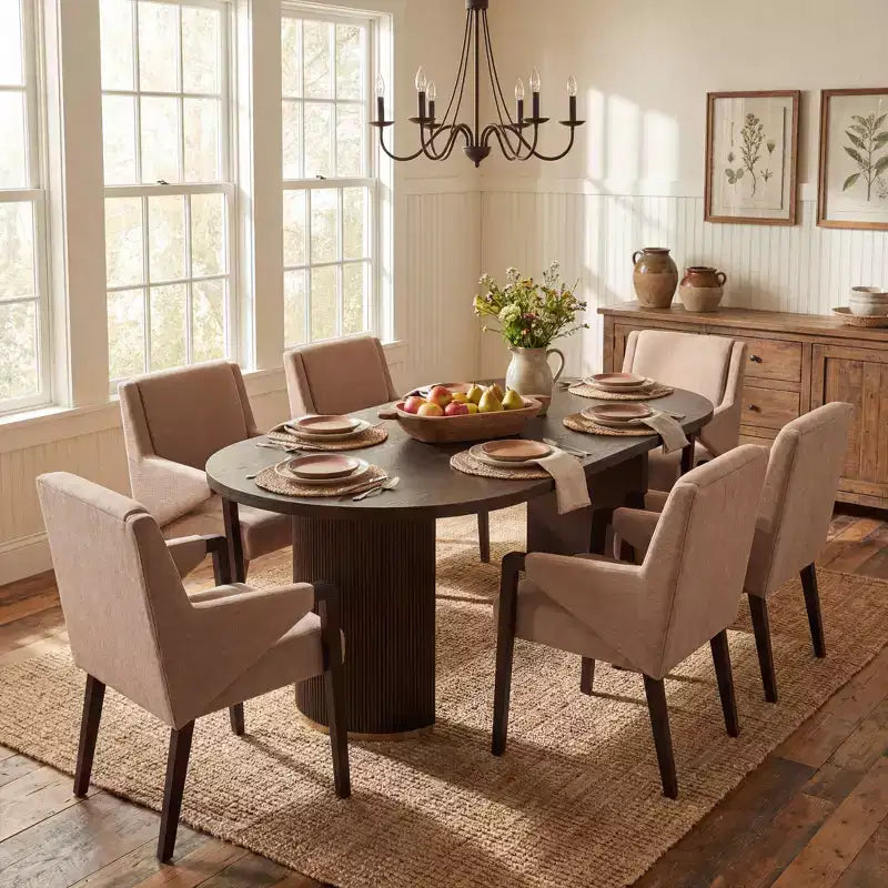 Christopher Knight Home Anand Modern 7 Piece Rubberwood Linen Upholstered Dining Set with Oval Pedestal Table