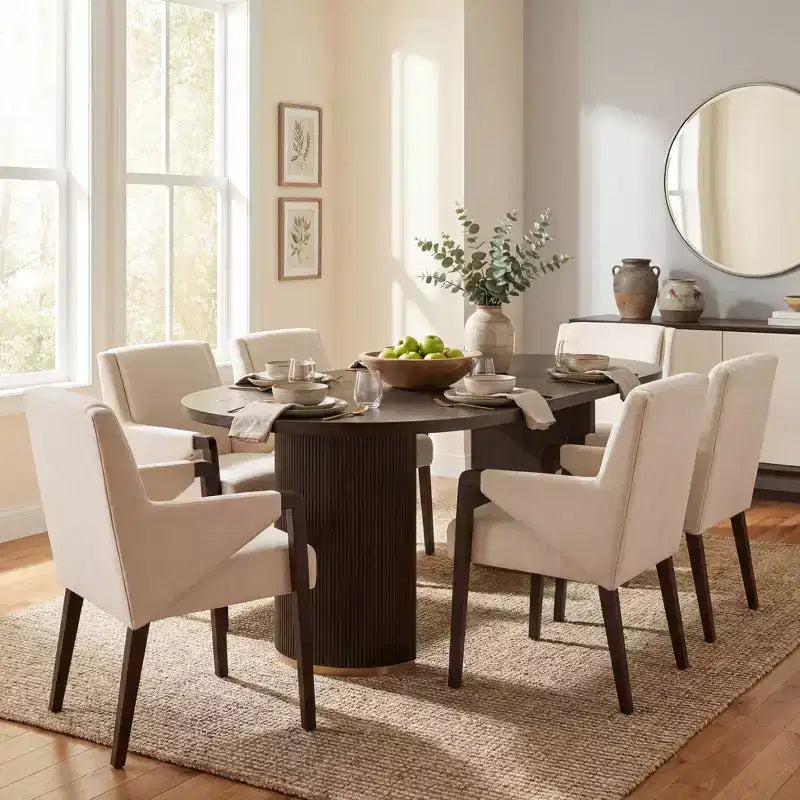 Christopher Knight Home Anand Modern 7 Piece Rubberwood Linen Upholstered Dining Set with Oval Pedestal Table
