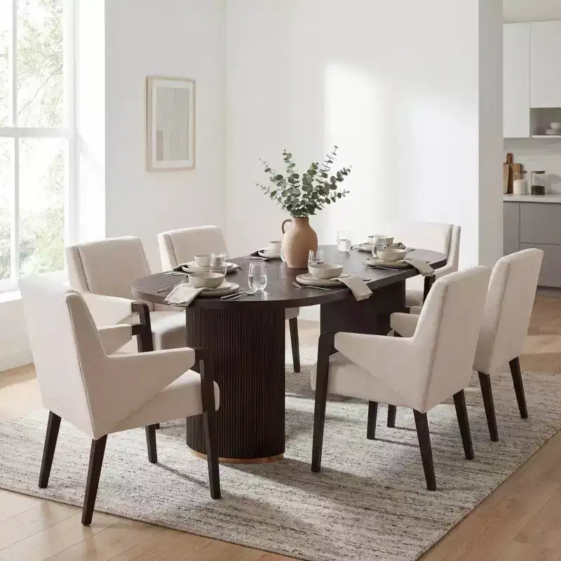 Ensemble de salle à manger moderne 7 pièces Christopher Knight Home Anand en bois d'hévéa avec revêtement en lin et table ovale à piédestal