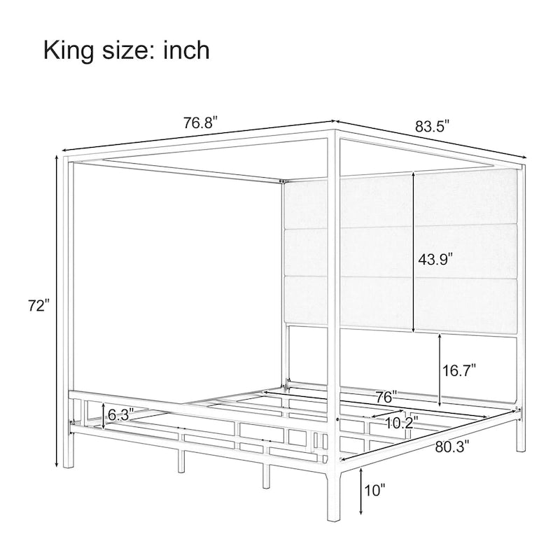 Lit à baldaquin moderne en métal avec tête de lit haute en lin tapissé
