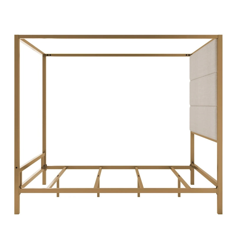 Lit à baldaquin moderne en métal avec tête de lit haute en lin tapissé