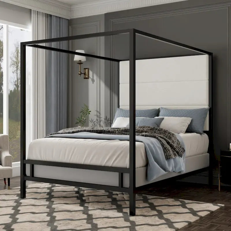 Lit à baldaquin moderne en métal avec tête de lit haute en lin tapissé