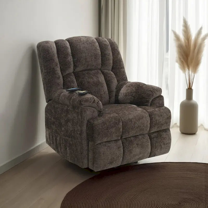 Fauteuil inclinable électrique releveur, chauffant, massant, en velours marron