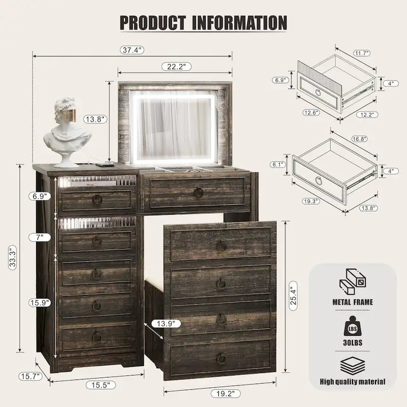 Coiffeuse avec éclairage LED et rangement dissimulé
