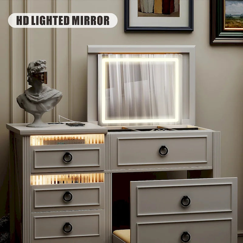 Coiffeuse avec éclairage LED et rangement dissimulé