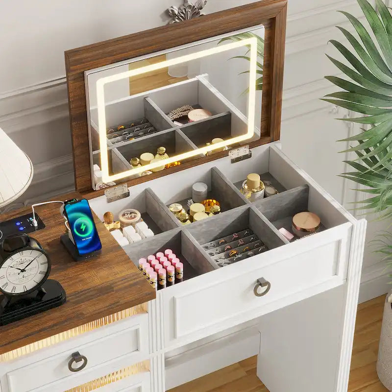 Coiffeuse avec éclairage LED et rangement dissimulé