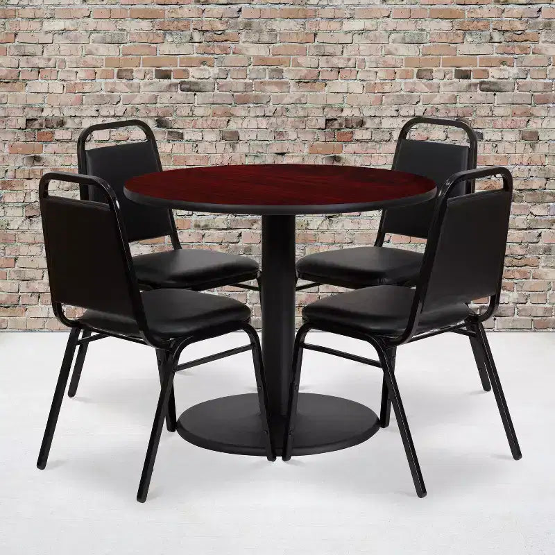 Flash Furniture 36'' Round Laminate Table Set with Round Base and 4 Trapezoidal Back Banquet Chairs
