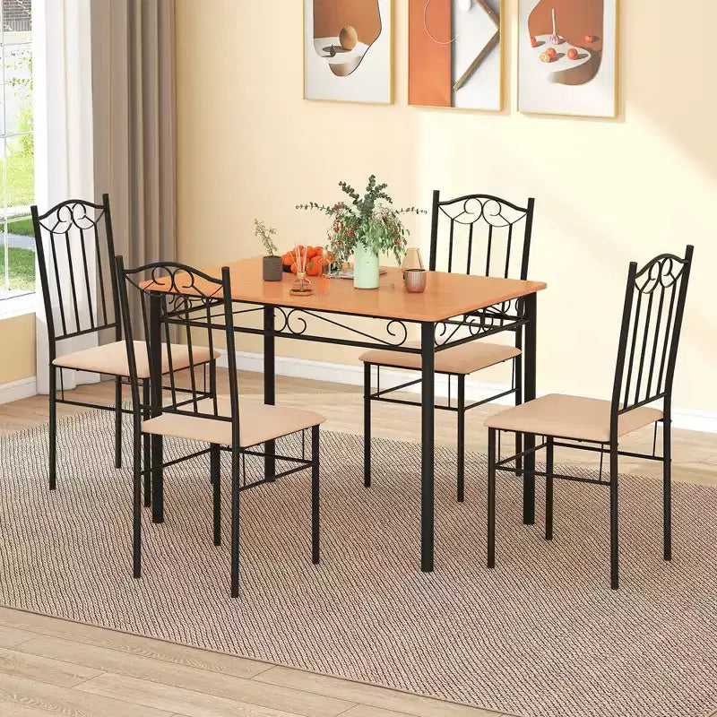 Costway 5 PCS Dining Set Wood Metal 30 Table & 4 Chairs Upholstered Kitchen Breakfast Furniture