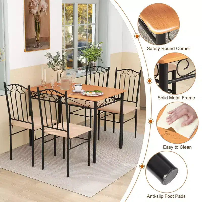 Costway 5 PCS Dining Set Wood Metal 30 Table & 4 Chairs Upholstered Kitchen Breakfast Furniture