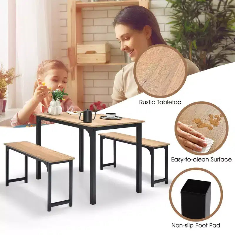 Costway Modern 3 PCS Dining Table Bench Set w/ Metal Frame & Wooden Tabletop