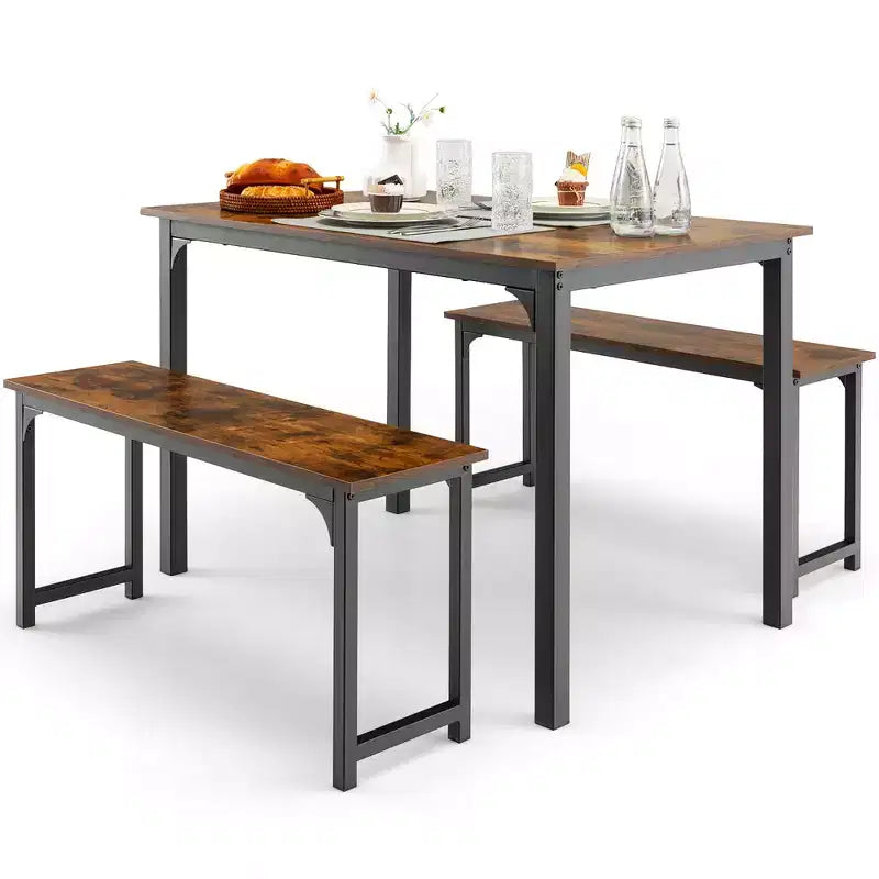 Costway Modern 3 PCS Dining Table Bench Set w/ Metal Frame & Wooden Tabletop