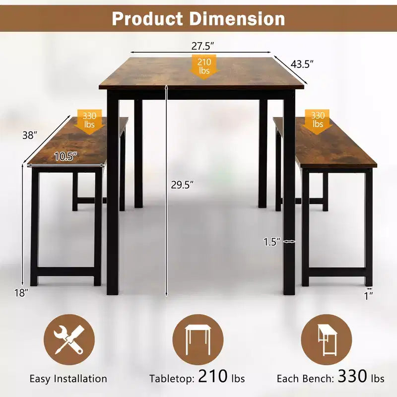 Costway Modern 3 PCS Dining Table Bench Set w/ Metal Frame & Wooden Tabletop