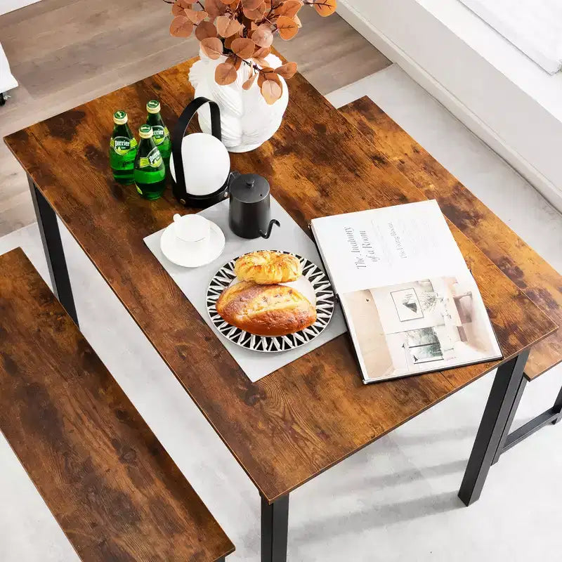 Costway Modern 3 PCS Dining Table Bench Set w/ Metal Frame & Wooden Tabletop