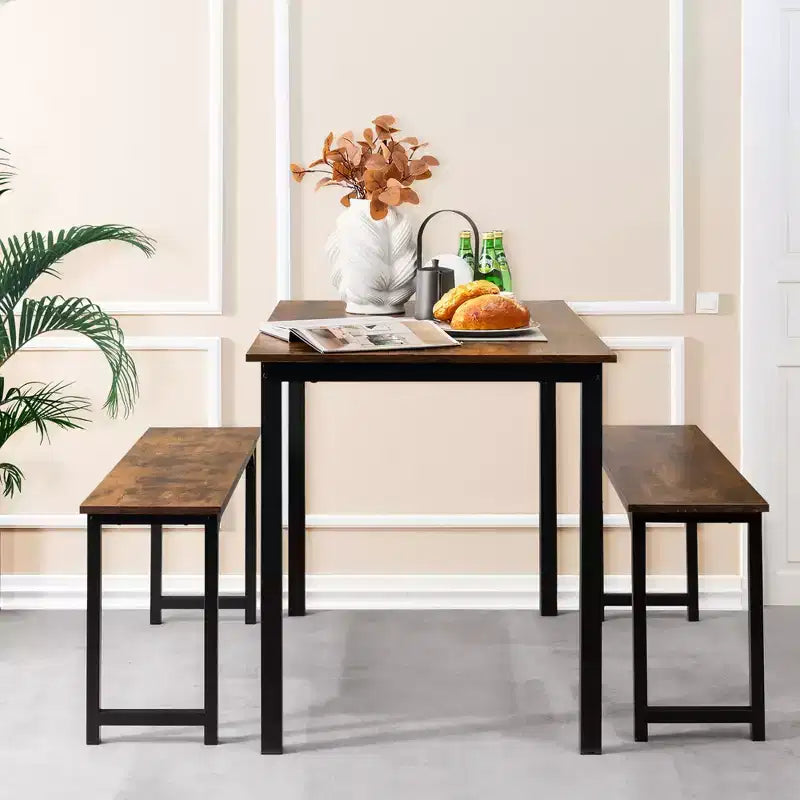 Costway Modern 3 PCS Dining Table Bench Set w/ Metal Frame & Wooden Tabletop