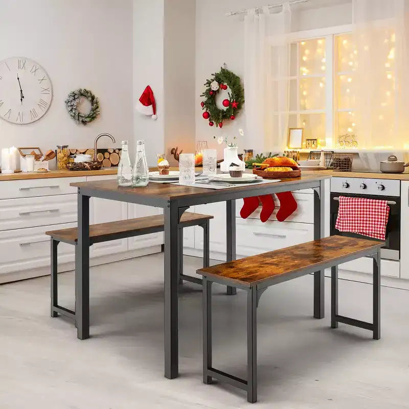 Costway Modern 3 PCS Dining Table Bench Set w/ Metal Frame & Wooden Tabletop