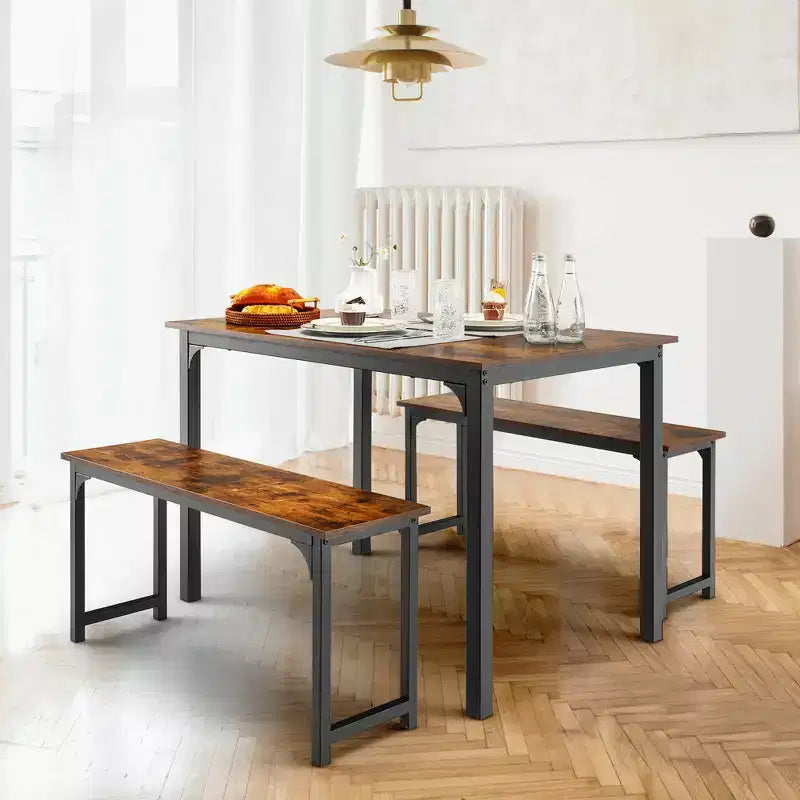 Costway Modern 3 PCS Dining Table Bench Set w/ Metal Frame & Wooden Tabletop