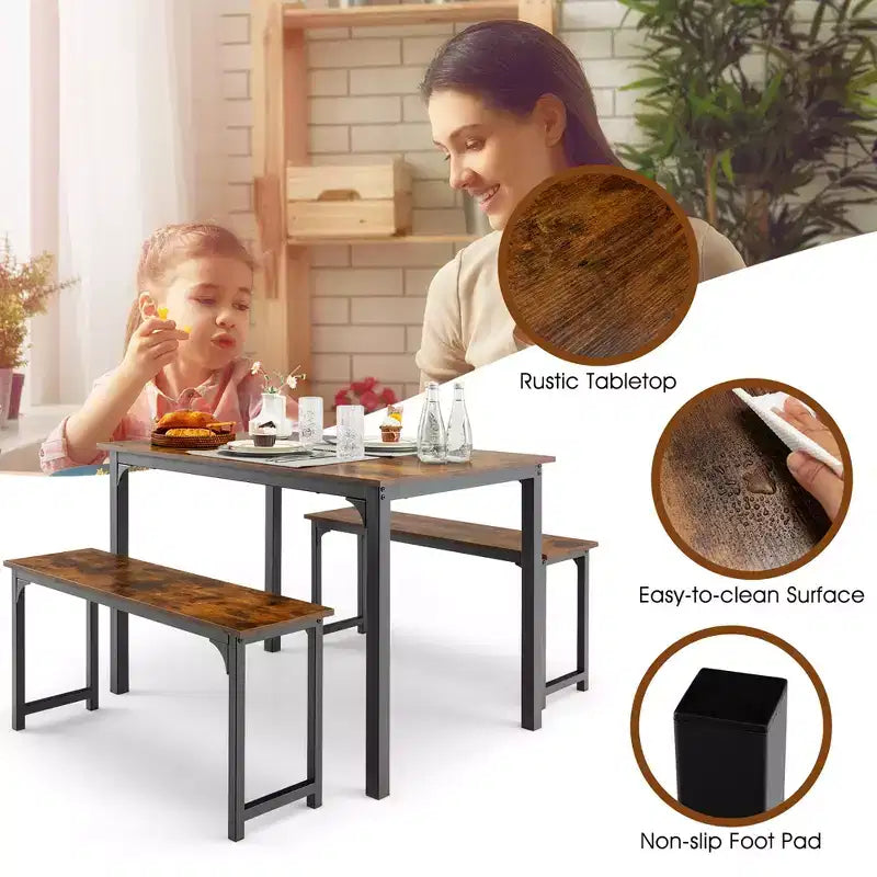 Costway Modern 3 PCS Dining Table Bench Set w/ Metal Frame & Wooden Tabletop