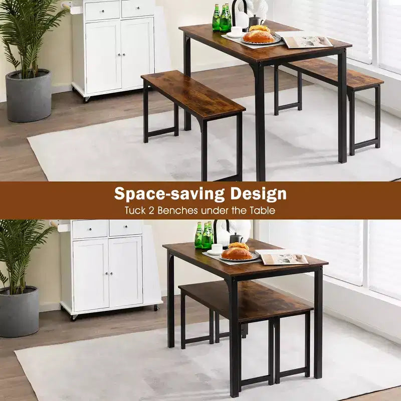 Costway Modern 3 PCS Dining Table Bench Set w/ Metal Frame & Wooden Tabletop