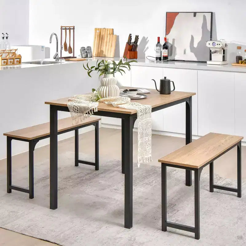 Costway Modern 3 PCS Dining Table Bench Set w/ Metal Frame & Wooden Tabletop