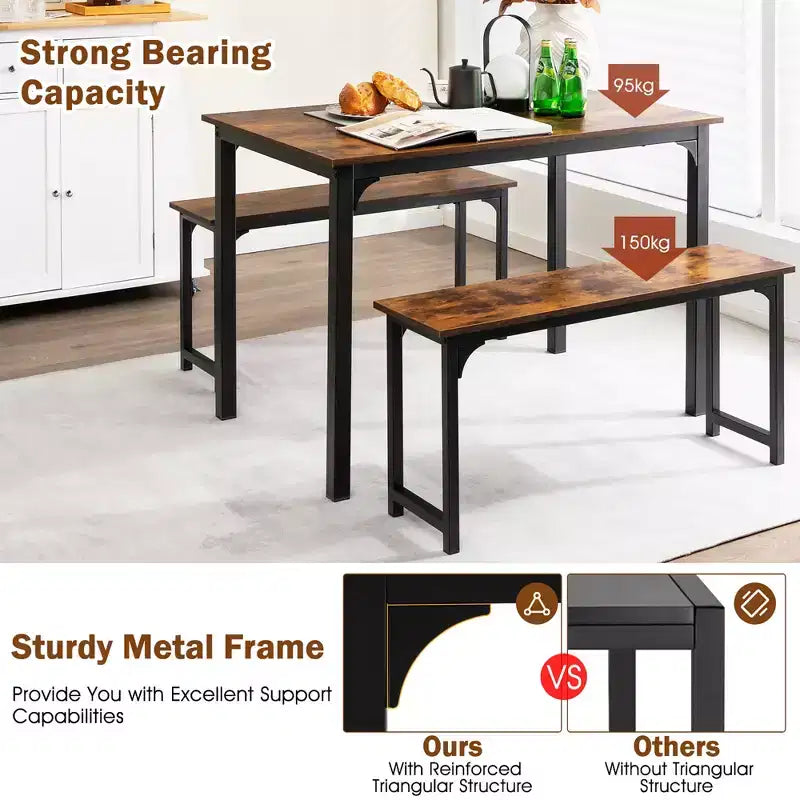 Costway Modern 3 PCS Dining Table Bench Set w/ Metal Frame & Wooden Tabletop
