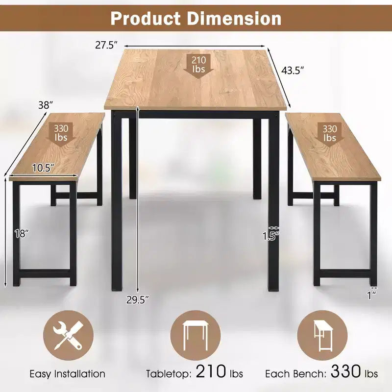 Costway Modern 3 PCS Dining Table Bench Set w/ Metal Frame & Wooden Tabletop